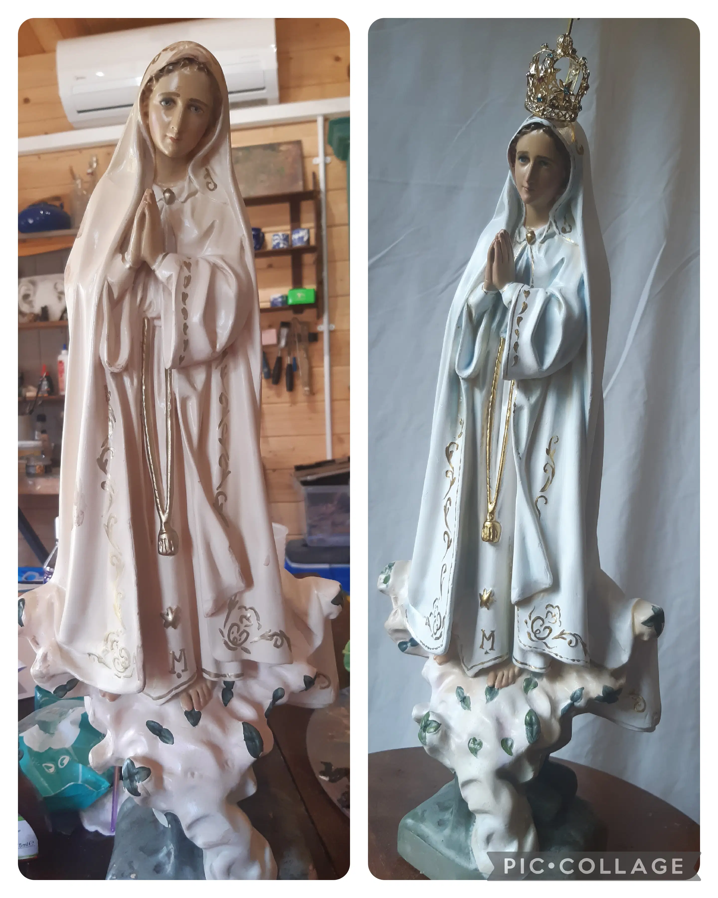 Before and after comparison of Our Lady of Fatima, with faded robes before restoration and a restored crown after.