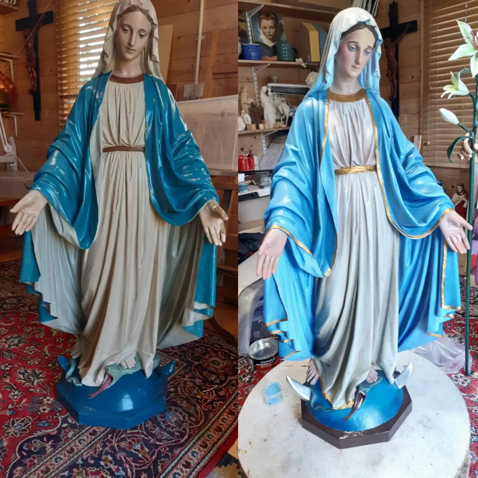 Before and after: Our Lady of Grace with her original colours refreshed and gold restored