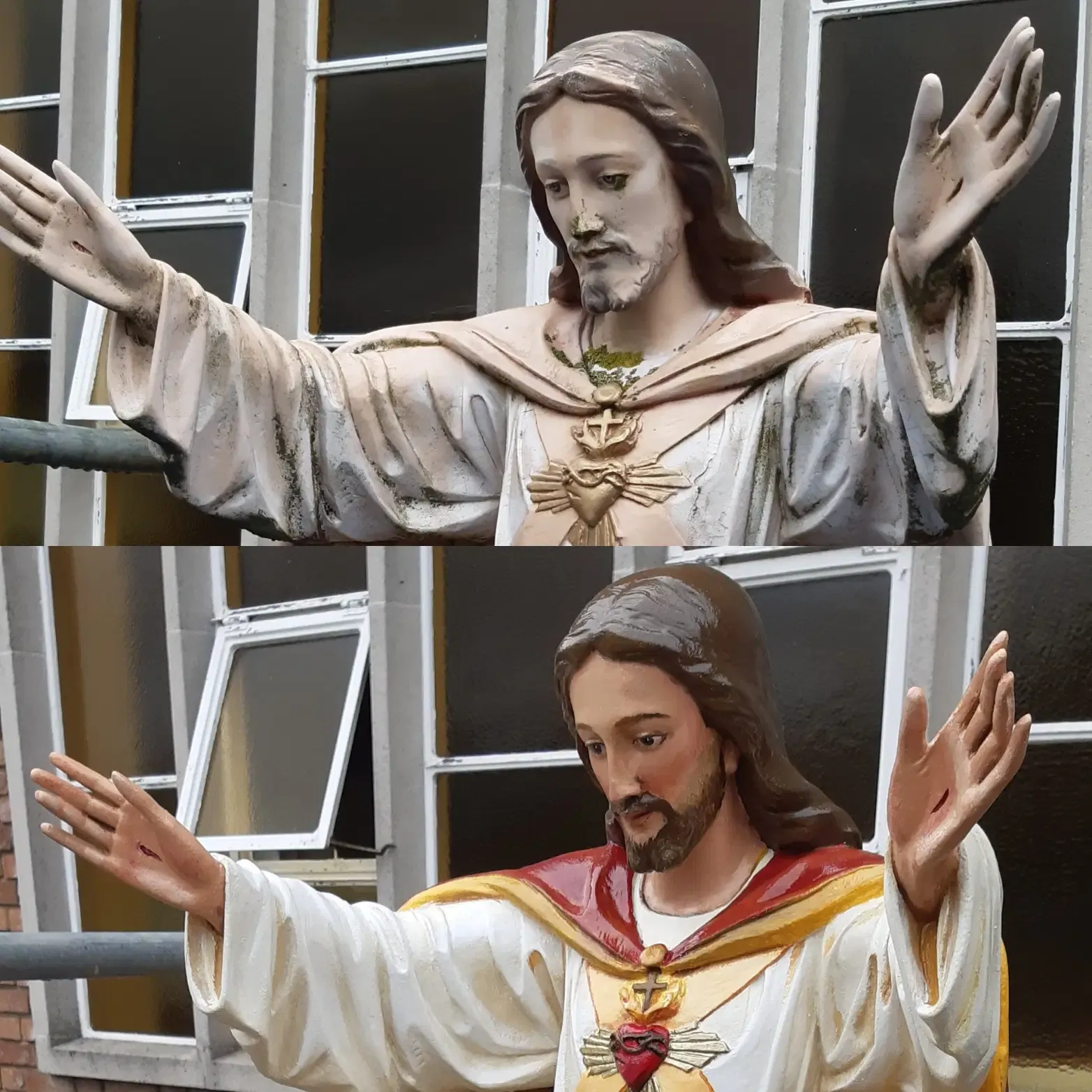 Before and after: a Sacred Heart of Jesus statue restored and hand-painted with gold-leaf detail